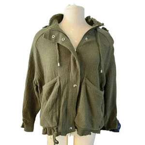 Blanknyc Womens Jacket Green Olive Knit Full Zip Pockets Gauze 100% Cotton Small